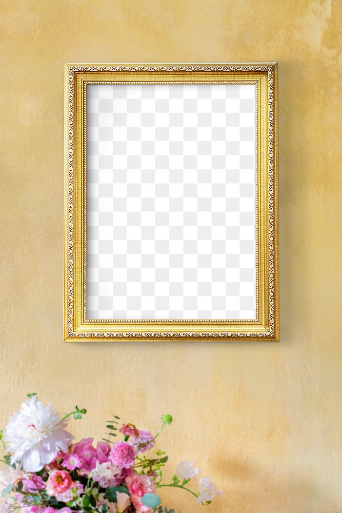 Golden frame mockup on a yellow wall by the flowers