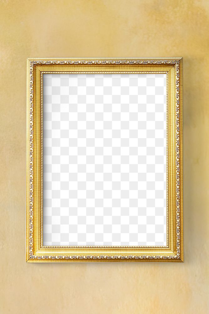 Golden picture frame mockup on a yellow wall