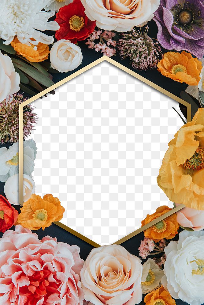 Golden colorful floral hexagon frame design element
