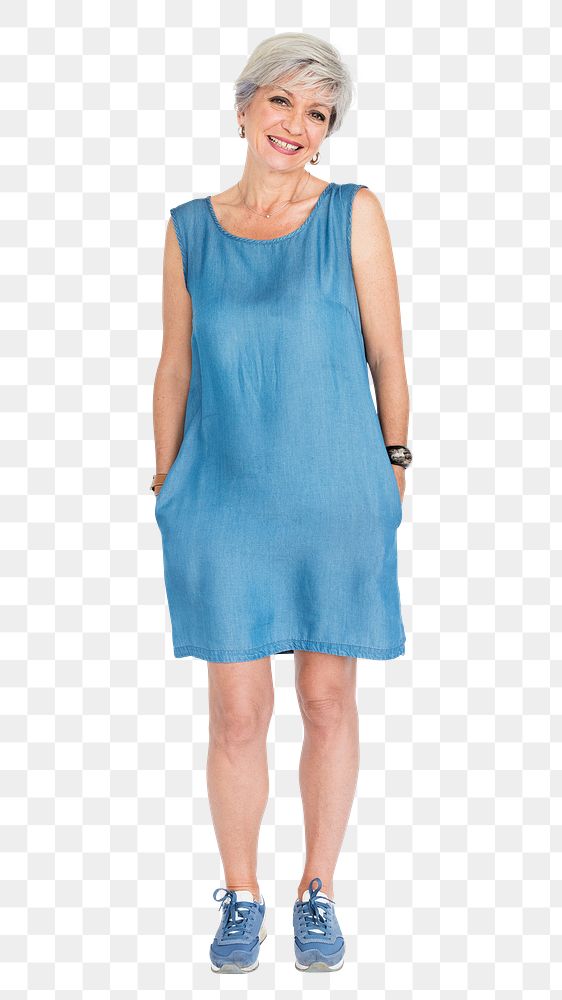 Senior woman png, wearing blue dress on transparent background
