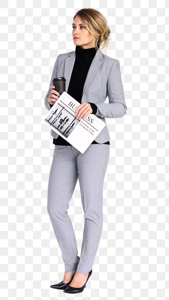 Woman journalist png holding coffee cup, career concept
