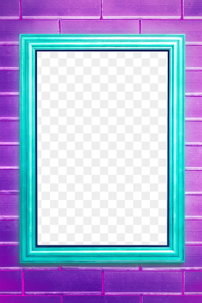 Turquoise picture frame mockup on a purple brick wall 