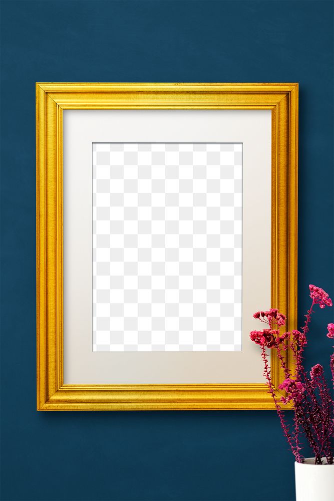 Golden picture frame mockup on a midnight blue background 