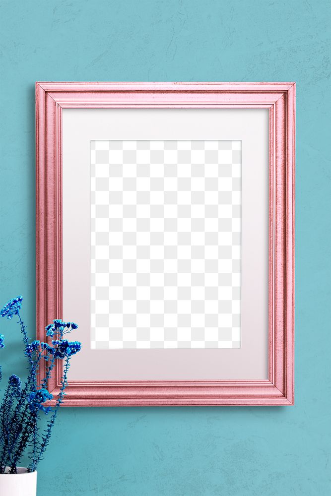 Pink picture frame mockup by a blue wall