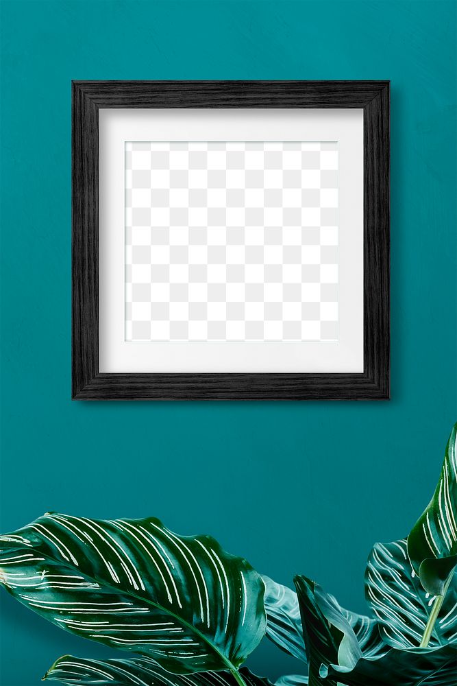 Black picture frame mockup by a calathea plant 