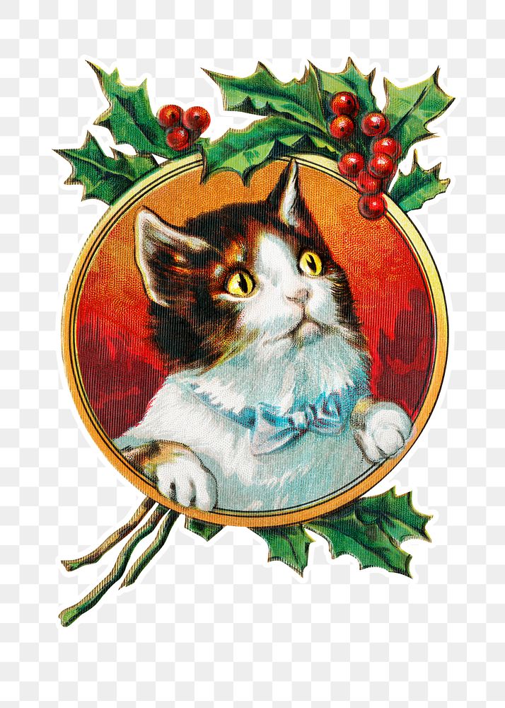 Cat in a gold frame Christmas sticker transparent png