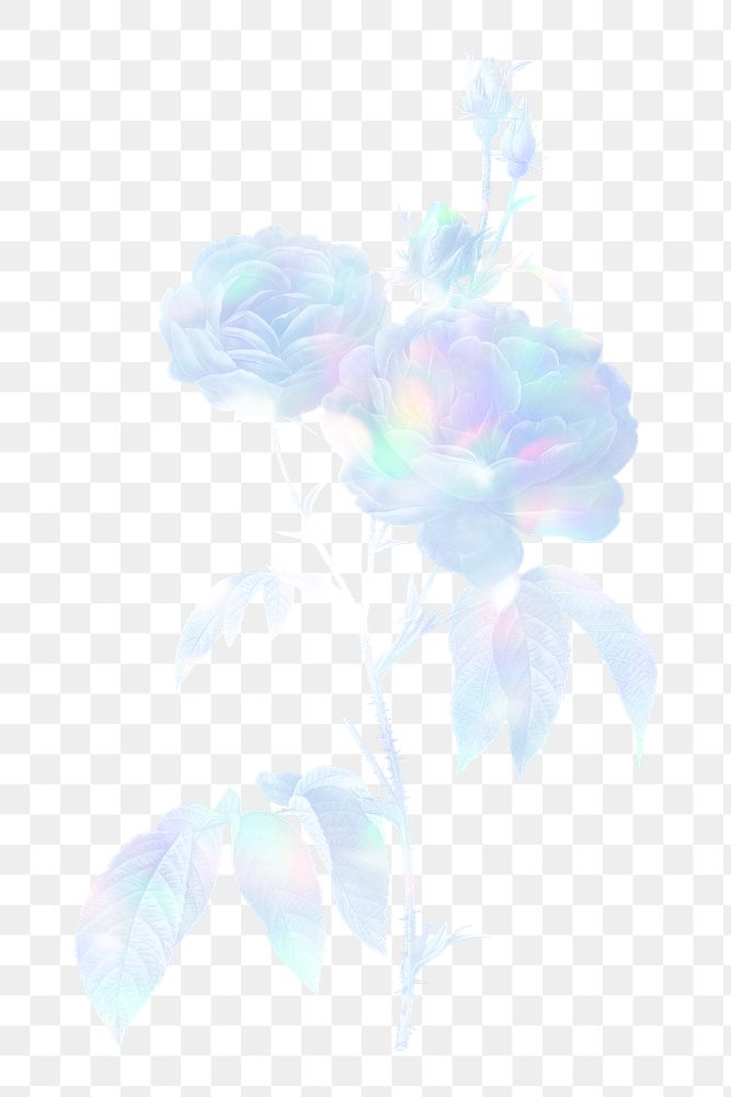 Blue holographic rose vintage wall art print poster design remix from original artwork by Pierre-Joseph Redout&eacute;.