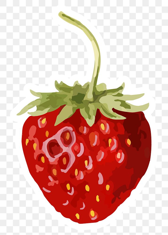 Vectorized strawberry fruit sticker overlay with a white border design element