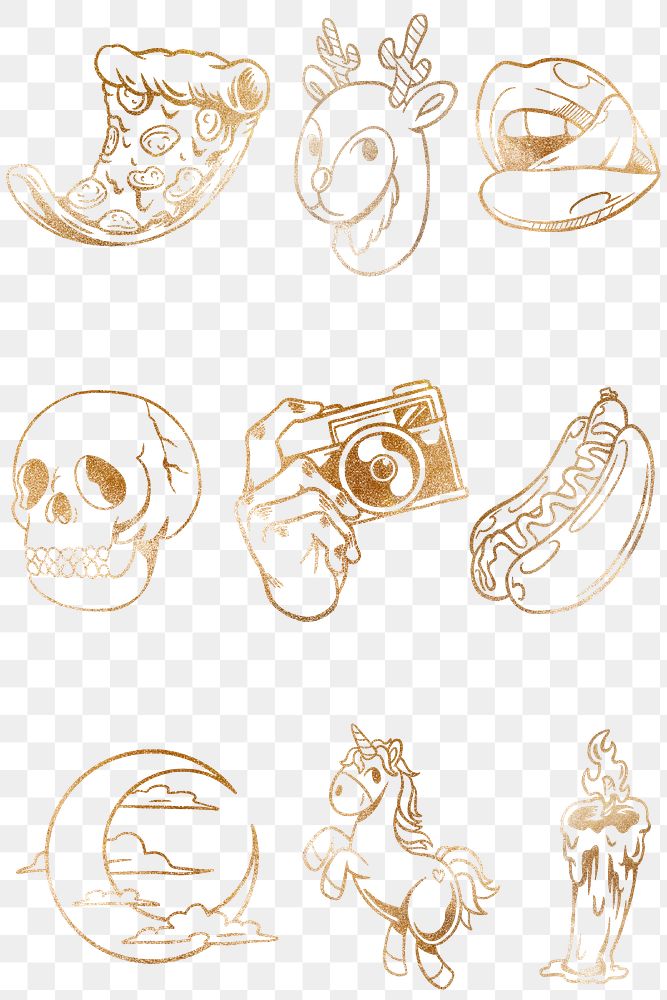 Shimmering golden cartoon sticker collection design resources