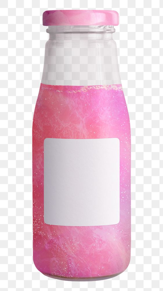 Shimmering pink drink in glass bottle with a label mockup