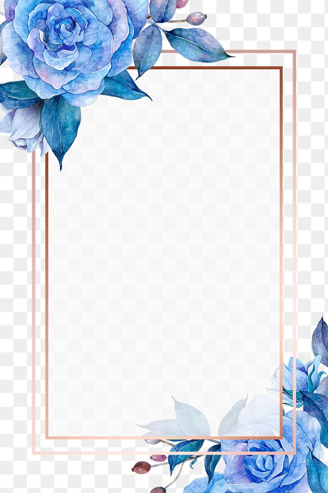 Blue flower and gold frame png in watercolor