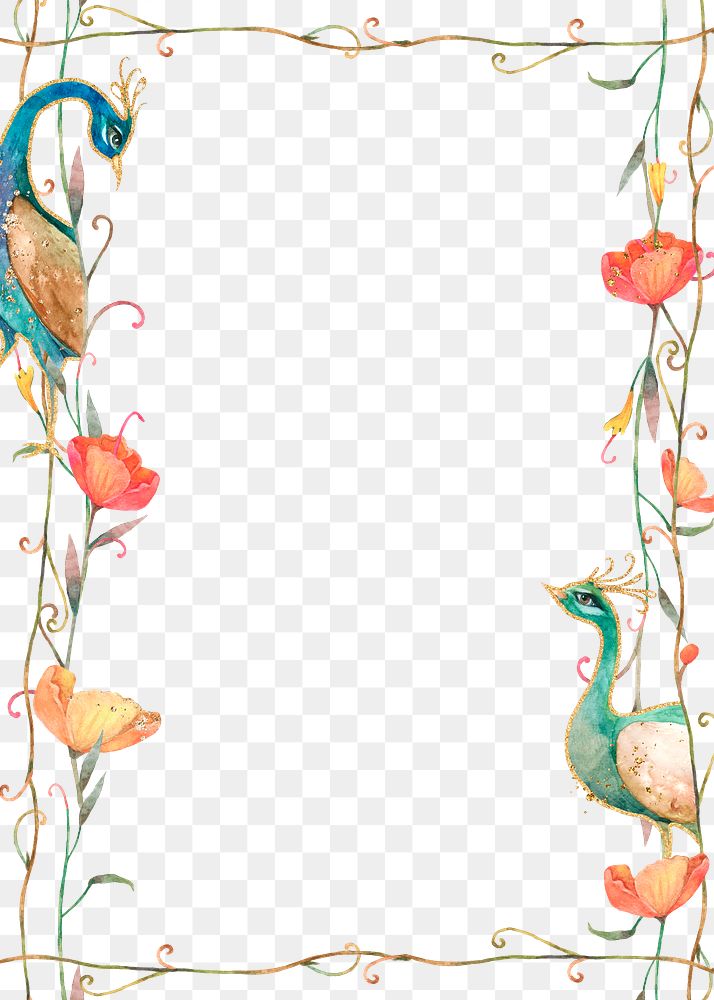 Gold frame png with watercolor peacock and flower pattern