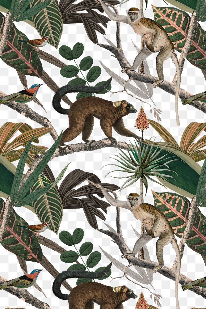 Jungle png animal pattern transparent background vintage animal illustration