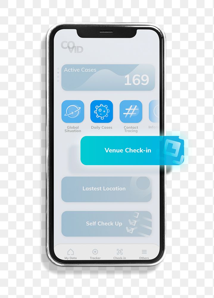 Smartphone screen mockup png with Covid 19 tracking app