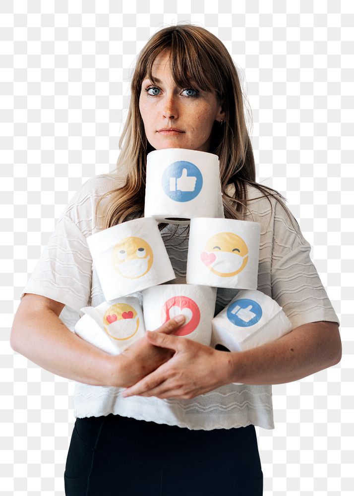 Woman hoarding tissue png mockup during covid-19 pandemic