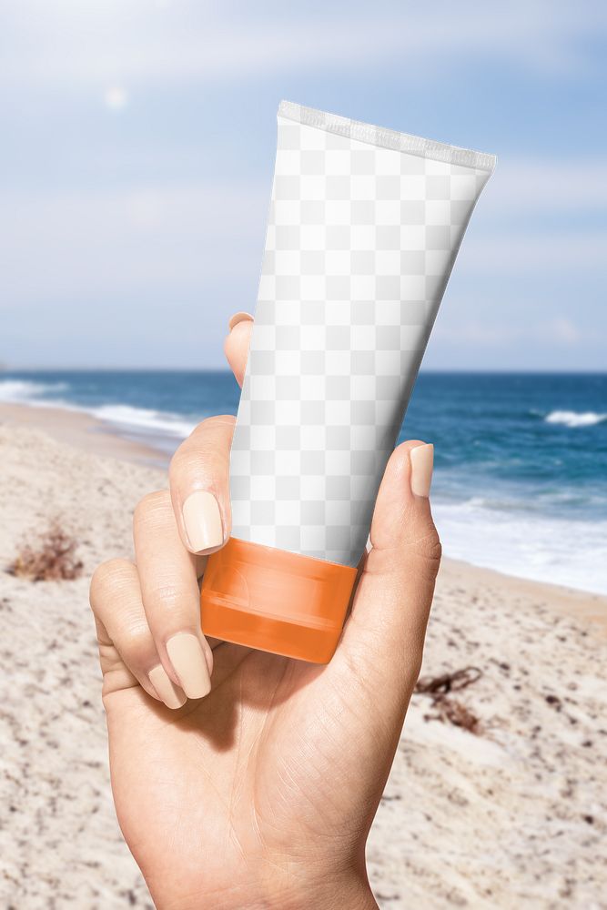 Sunscreen tube png mockup at the beach for beauty brands