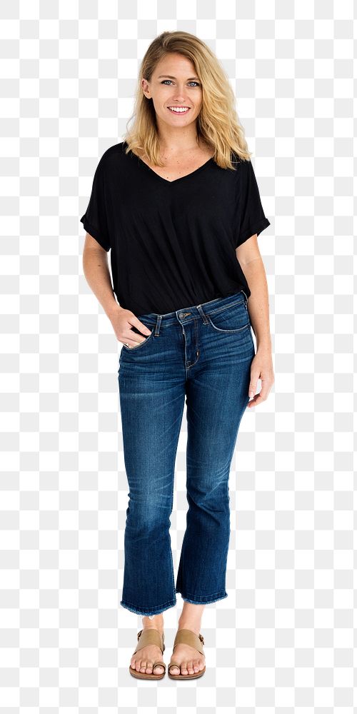 Happy woman in a black t-shirt transparent png
