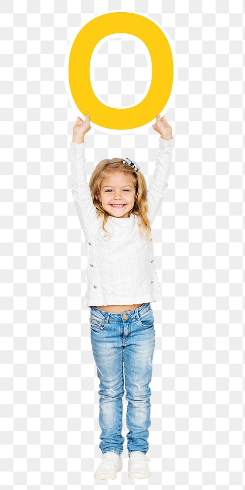 Little girl png sticker, holding O letter, transparent background