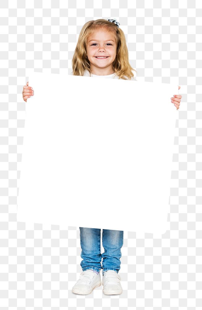 Happy girl holding an empty square board transparent png