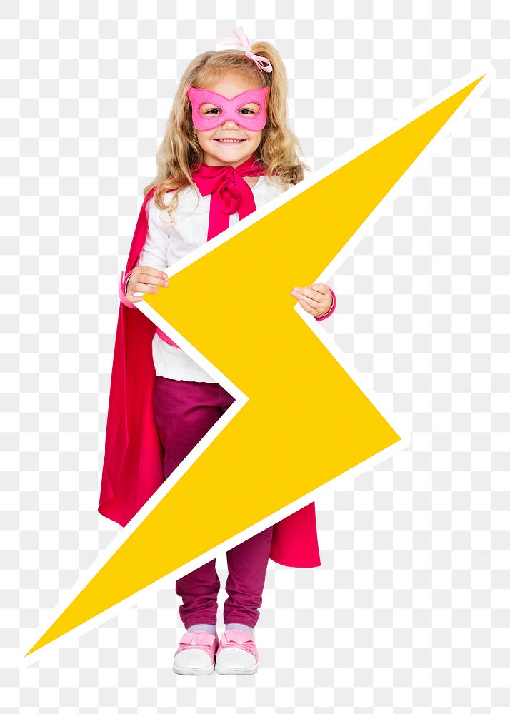 Little girl png sticker, holding lightning bolt, transparent background
