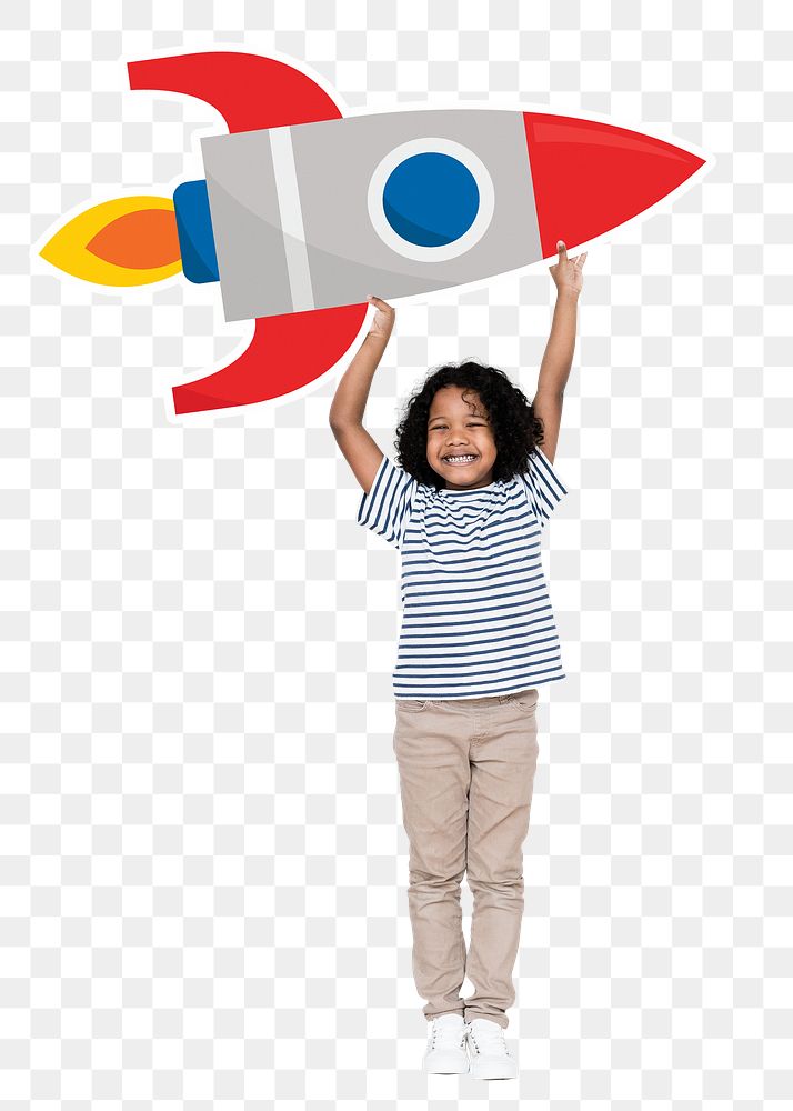 Png kid holding rocket sticker, transparent background