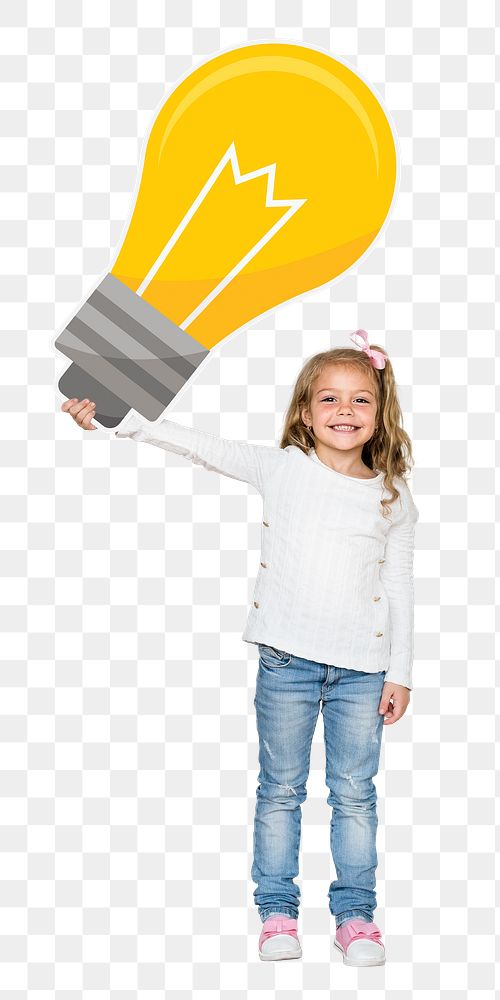 Little girl png sticker, holding light bulb, transparent background