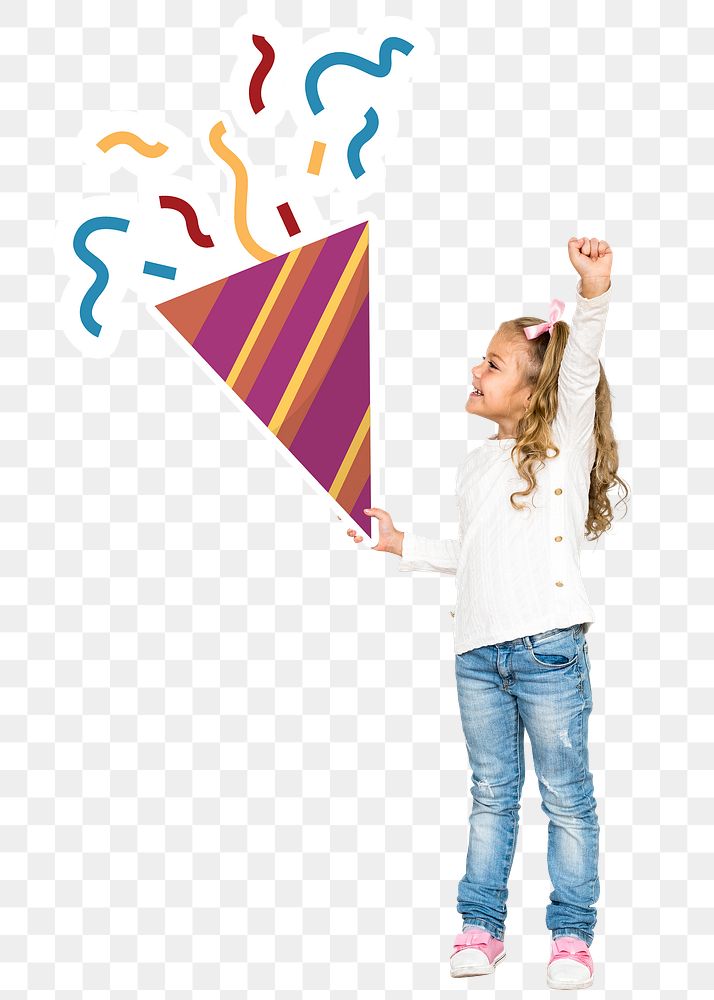 Png kid holding party popper sticker, transparent background