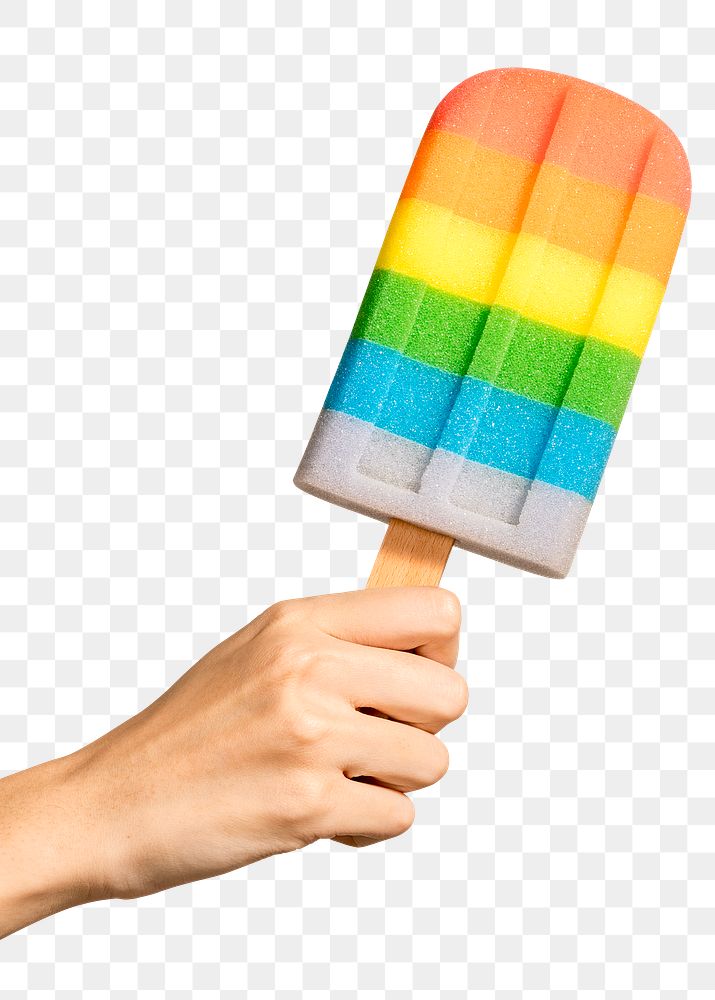 Hand with a rainbow ice pop in summertime design element