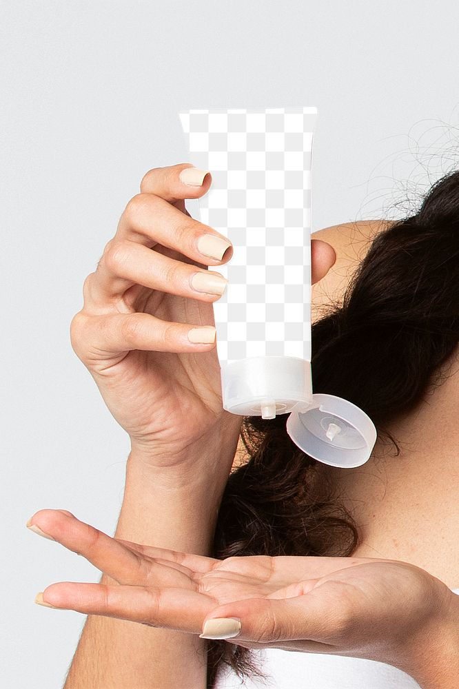 Woman squeezing cream from a tube mockup 