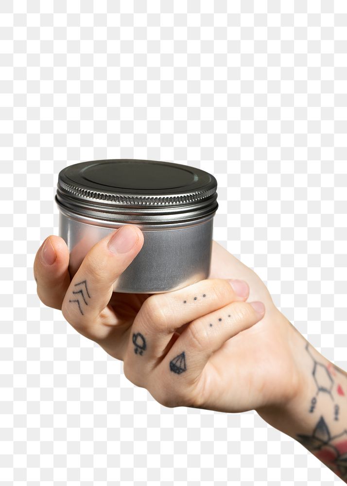 Tattooed hand holding face cream jar transparent png 