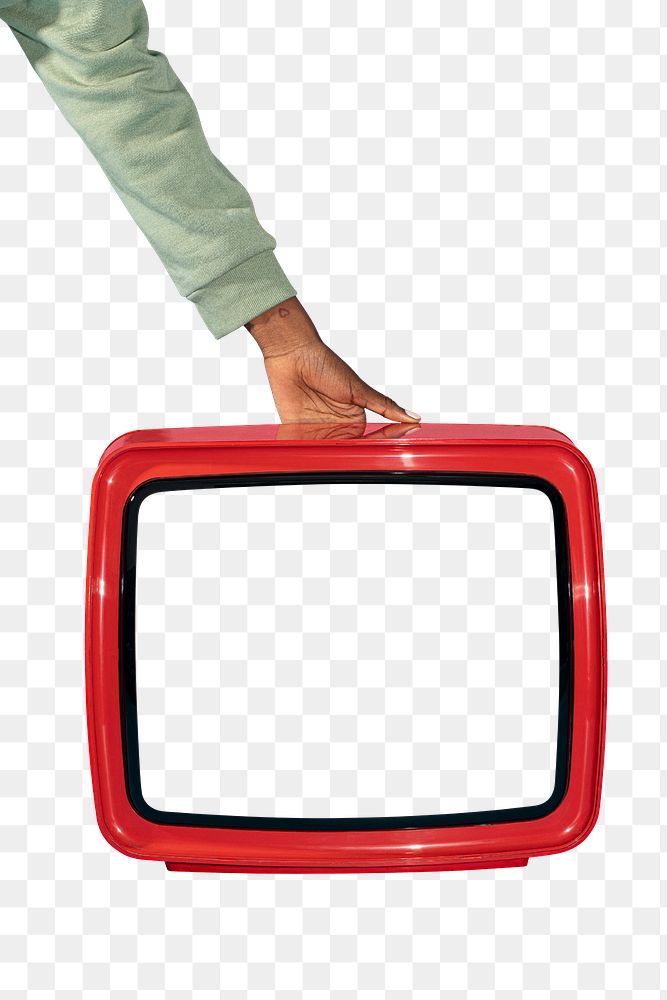Hand holding a red retro television transparent png