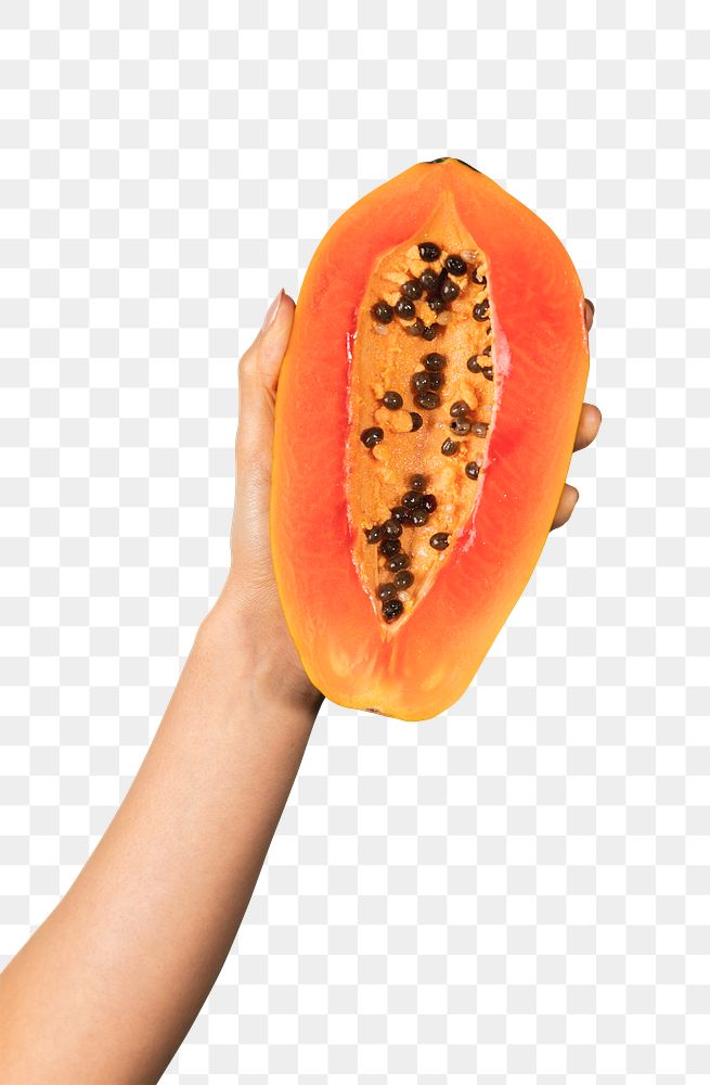 Hand showing a half of ripe papaya transparent png