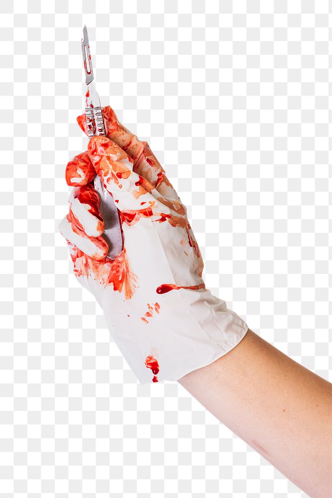 Doctor bloody hand in glove holding a scalpel transparent png