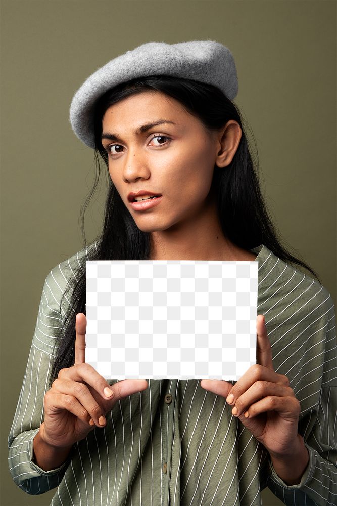 Woman showing a blank card transparent png