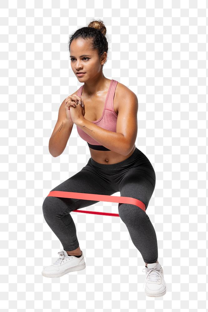 Active woman using a hip band in a squat position transparent png
