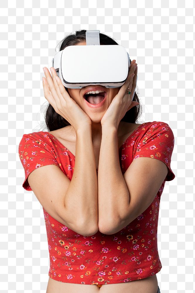 Woman having fun with a VR headset transparent png