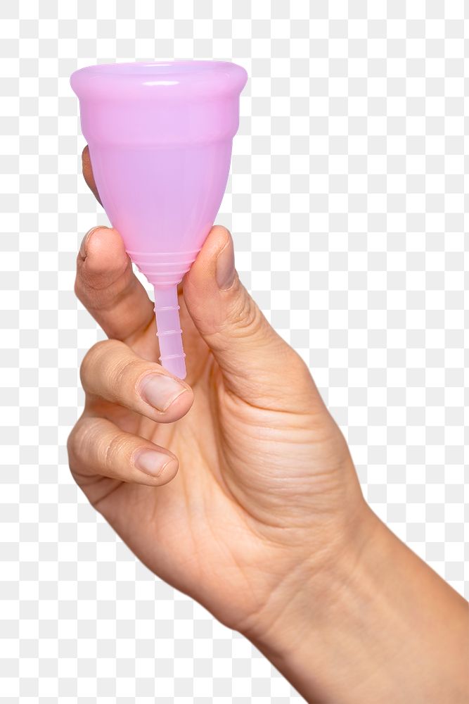 Hand holding pink menstrual cup transparent png