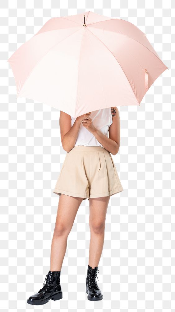 Woman png mockup holding a pink umbrella casual fashion