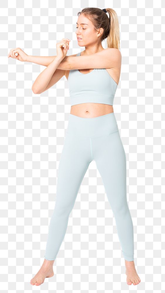 Healthy woman png mockup stretching in blue sportswear full body