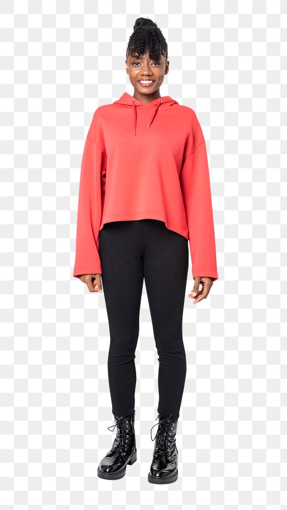 Woman png mockup in red hoodie streetwear apparel full body 
