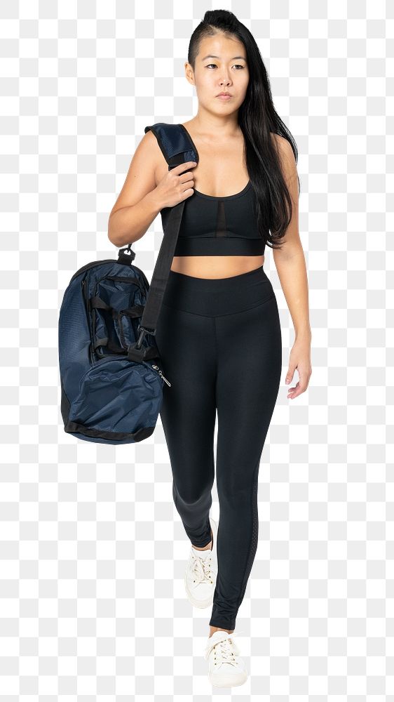 Healthy woman png mockup in sportswear carrying gym bag full body