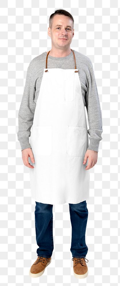Png man mockup wearing white apron on transparent background