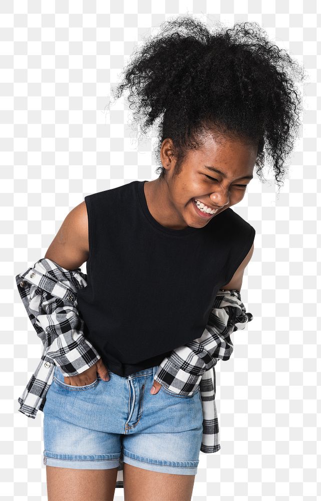 Png teenage girl mockup in black top and flannel shirt youth apparel shoot