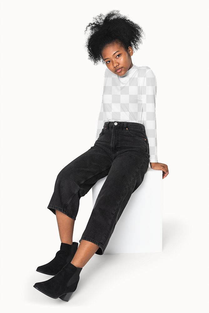 Png turtleneck transparent mockup for teen&rsquo;s apparel shoot