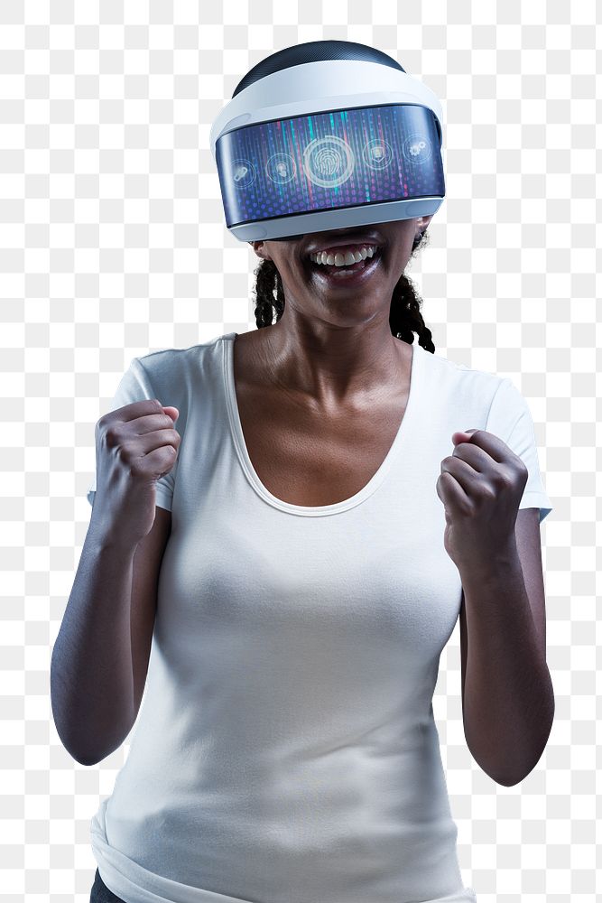Woman with VR headset png mockup cheering with excitement