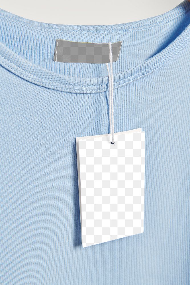 Png clothing tag mockup on a blue t-shirt  