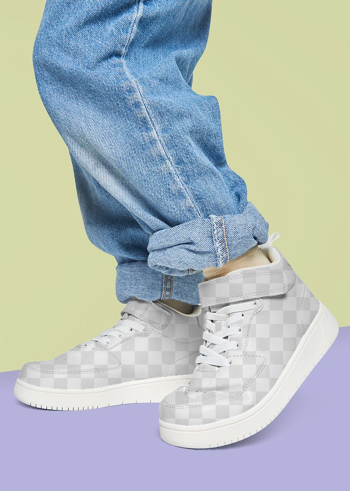 Child with jeans png sneakers mockup studio shot