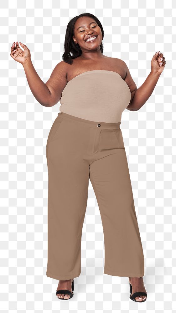 Png plus size fashion brown strapless top and pants apparel mockup