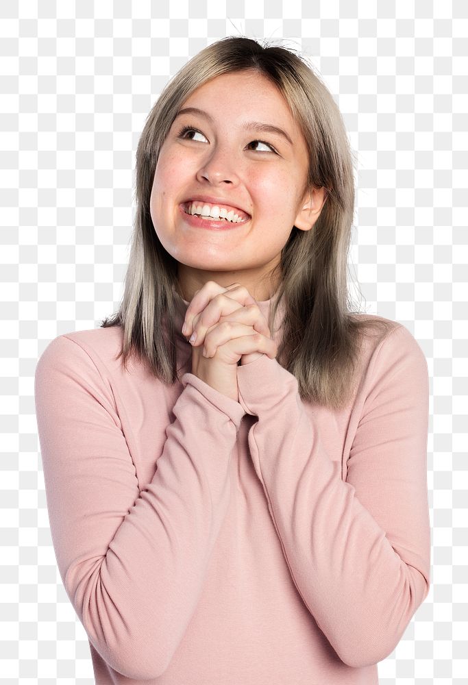 Happy woman png mockup in a pink turtleneck