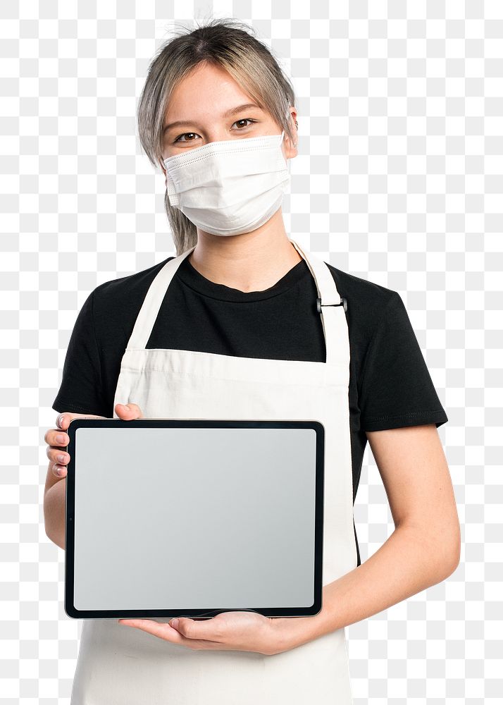 Woman holding blank tablet png